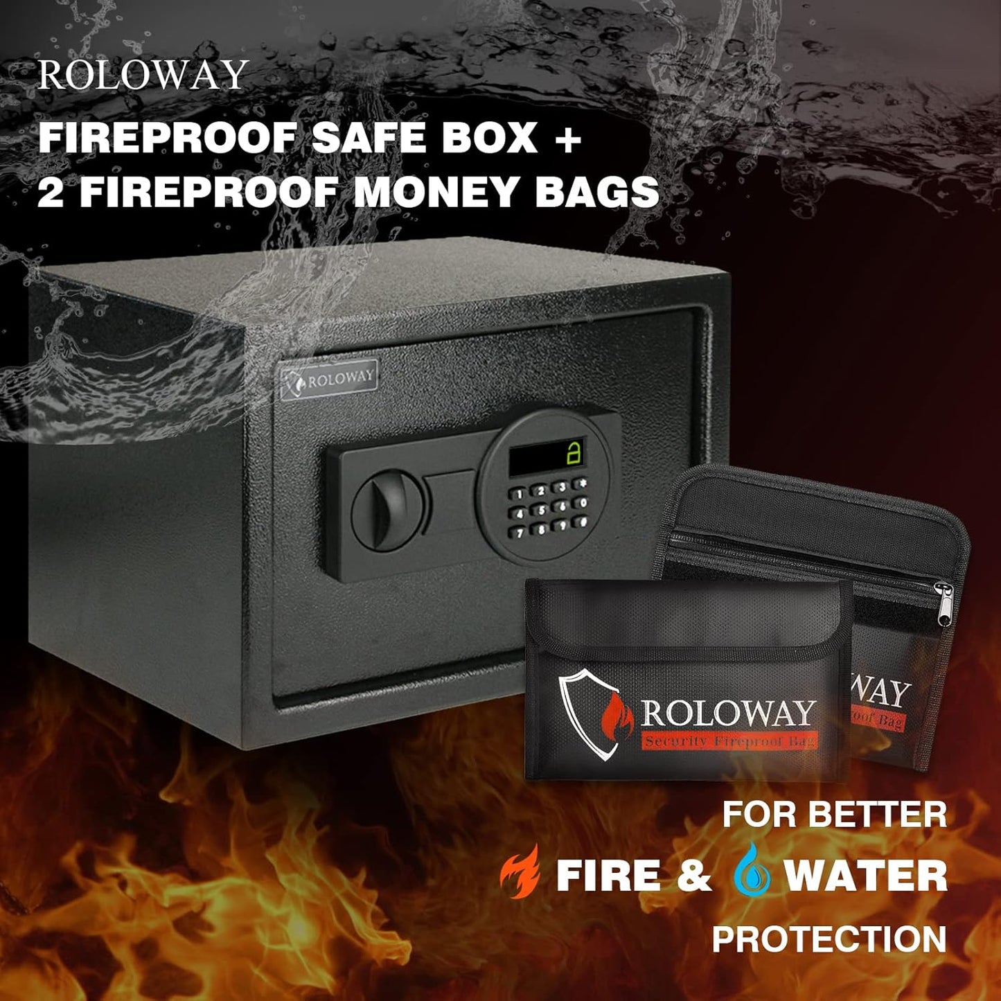 Steel Money Safe Box (0.8 Cubic Feet), Security Lock Box with Fireproof Bag, Fireproof Safe for Home with Key & Digital Keypad Lock (Black Digital Keypad)