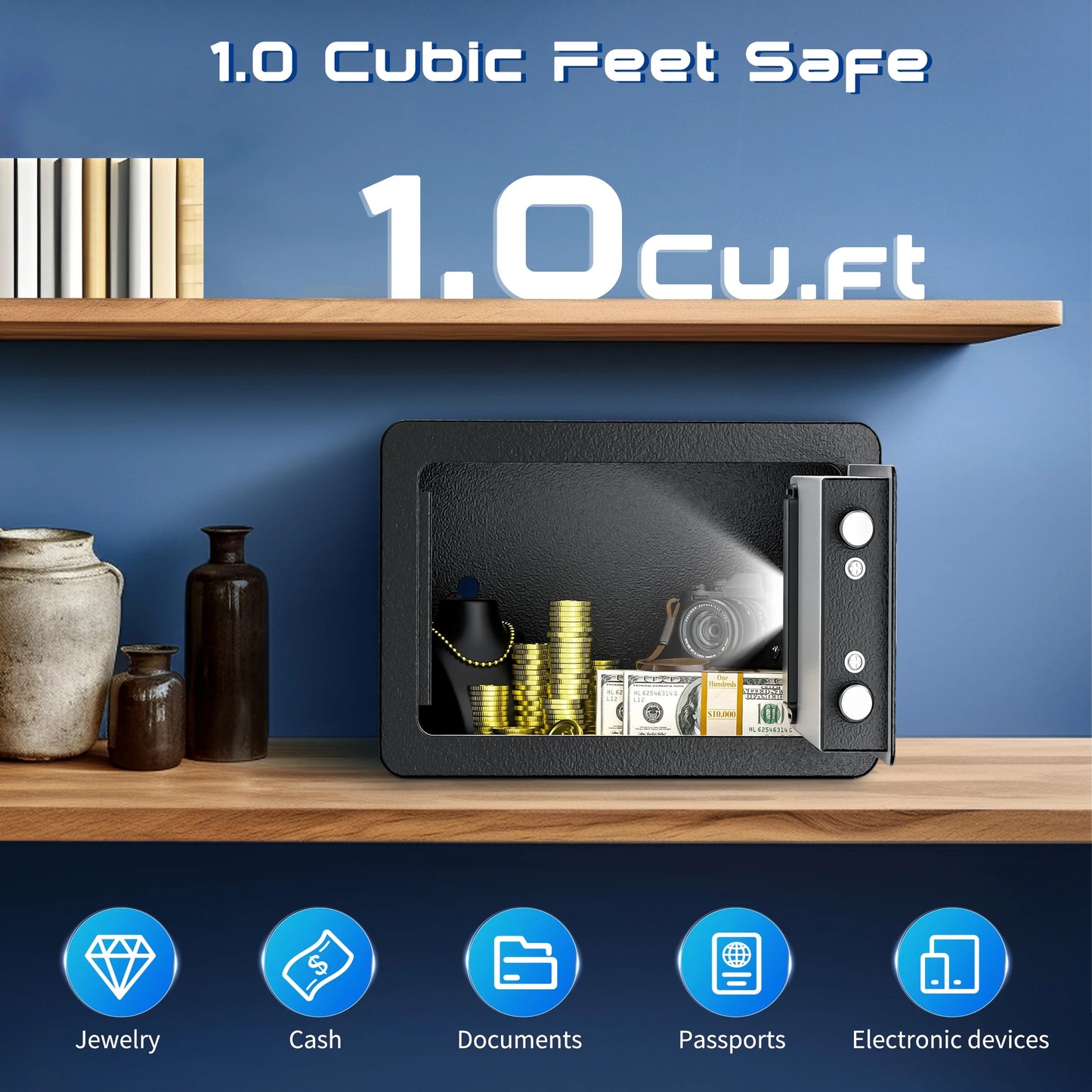 1.0 CU. Ft Safe Box with Fireproof Waterproof Safes , Security Home Safe with Fireproof Document Bag, Money Safe for Home Office Hotel