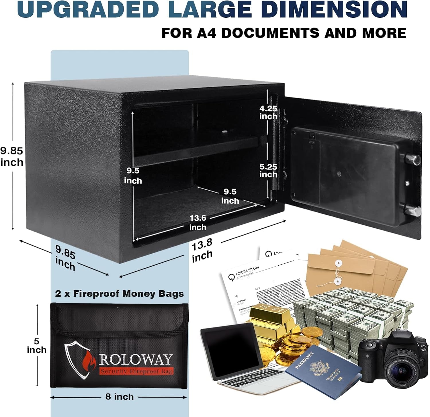 Steel Money Safe Box (0.8 Cubic Feet), Security Lock Box with Fireproof Bag, Fireproof Safe for Home with Key & Digital Keypad Lock (Black Digital Keypad)