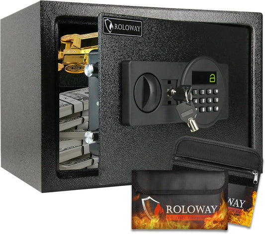 Steel Money Safe Box (0.8 Cubic Feet), Security Lock Box with Fireproof Bag, Fireproof Safe for Home with Key & Digital Keypad Lock (Black Digital Keypad)